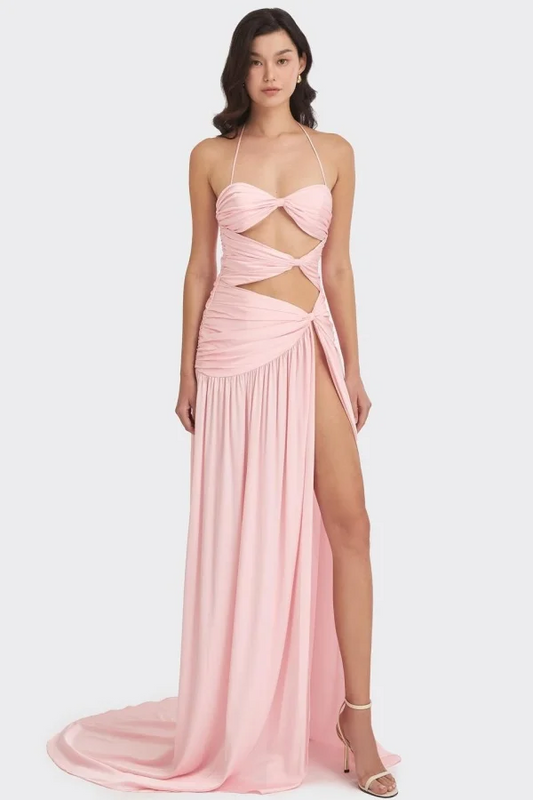 Chic Sleeveless Halter Long High Split Prom Dress With Pleated CY0116