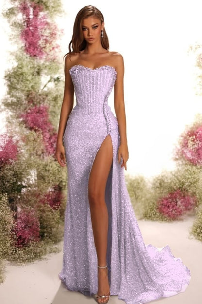 Strapless Sleeveless Long Split Prom Dress With Pleated Sequins ZT0541