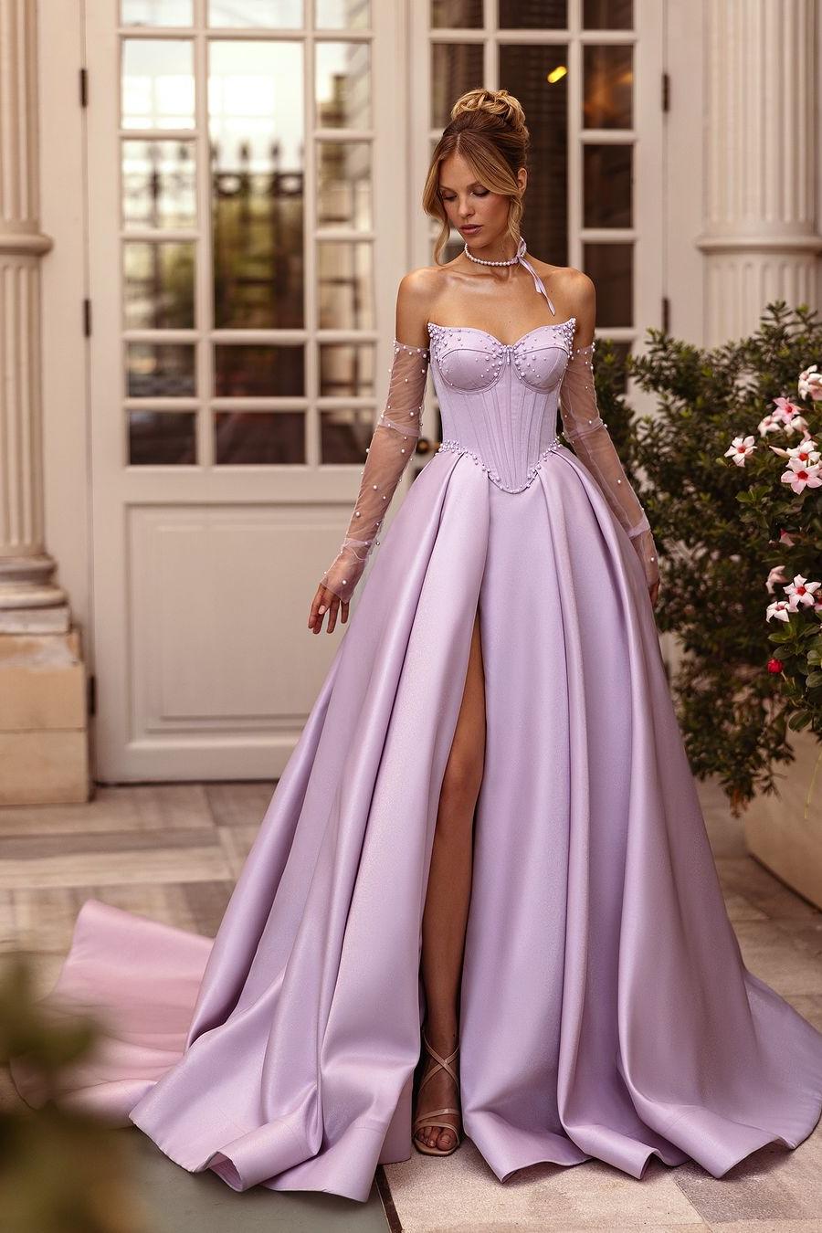 Beautiful Lilac Satin Sleeveless Strapless Beadings Long Split Prom Dress with Gloves | Zelldresses