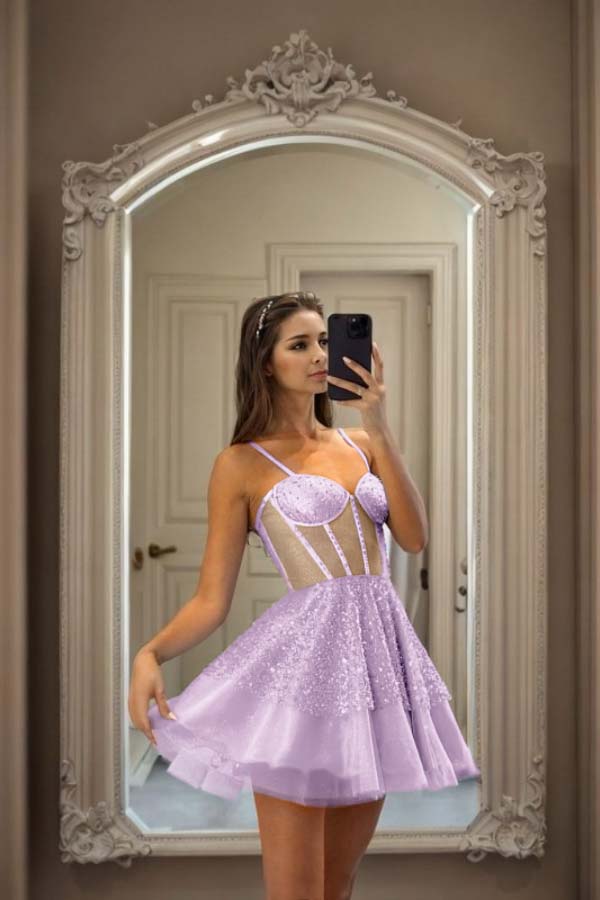 Hellodresses Sky Blue Spaghetti Strap Sweetheart Short Homecoming Dress With Sequins