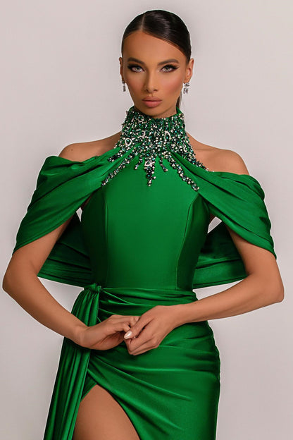 Green Prom Dress With Pleated Halter Split Rhinstone ED0608