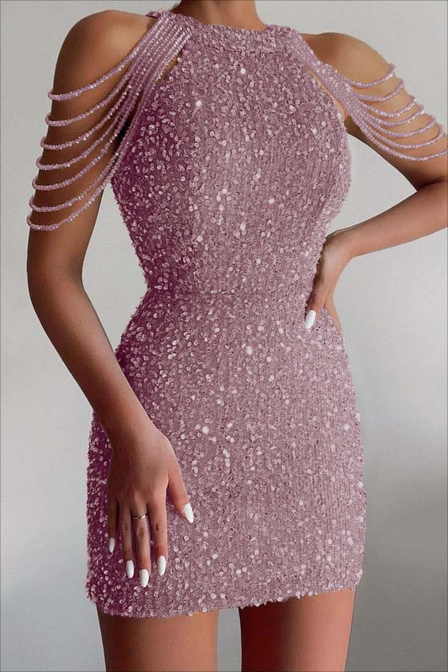 Chic Champagne Sequins Jewel Neck Sleeveless Short Homecoming Dress With Beadings HC0027