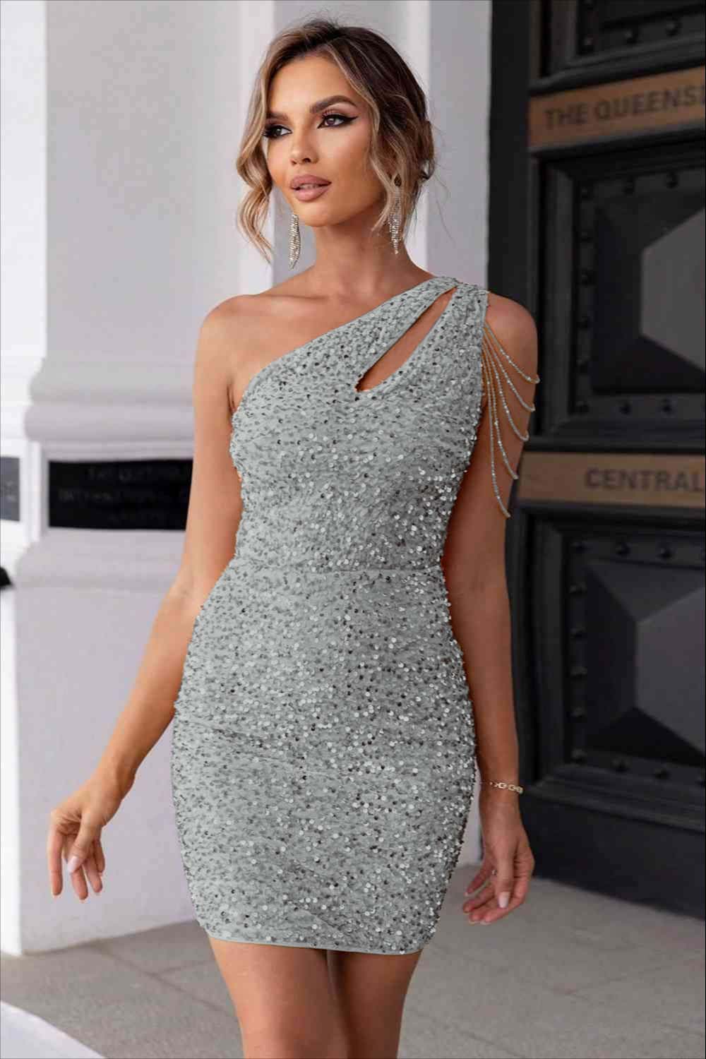 Sexy Champagne Sequins One Shoulder Short Homecoming Dress With Beadings HC0029