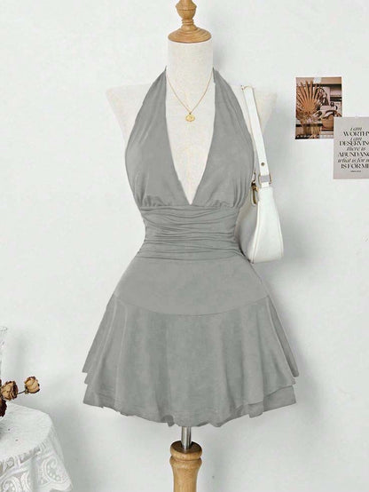 Halter Deep V Neck Sleeveless Short Homecoming Dress With Pleated HC0167