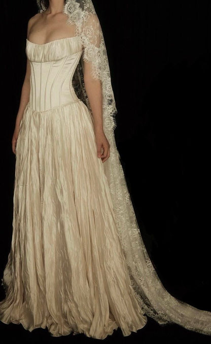 Elegant Ball Gown Strapless Corset Pleated Satin Prom Dress Wedding Dress SH4659