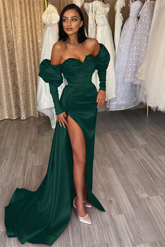 Charming Red Mermaid Off The Shoulder Slit Prom Dress With Sweetheart Long Sleeves | Zelldresses