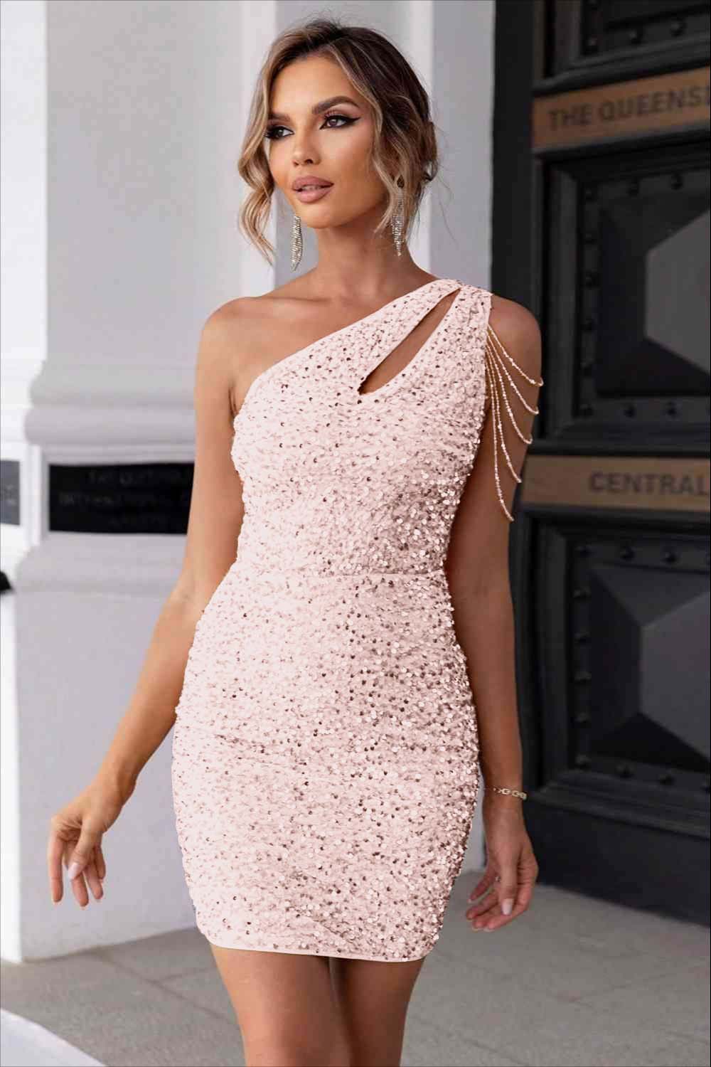Sexy Champagne Sequins One Shoulder Short Homecoming Dress With Beadings HC0029
