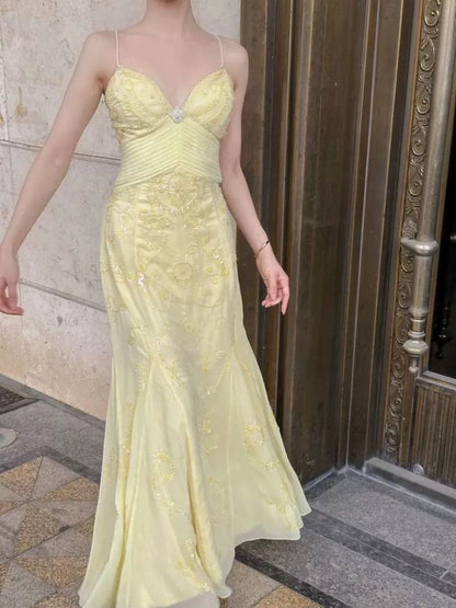 Elegant Mermaid Spaghetti Straps Yellow Chiffon Long Prom Dresses Evening Dress SH2838