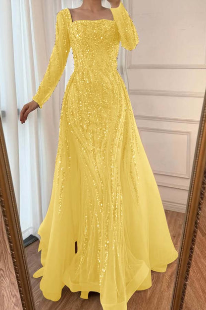Square Neck Long Sleeves Long Mermaid Prom Dress With Beading Tulle WQ0442