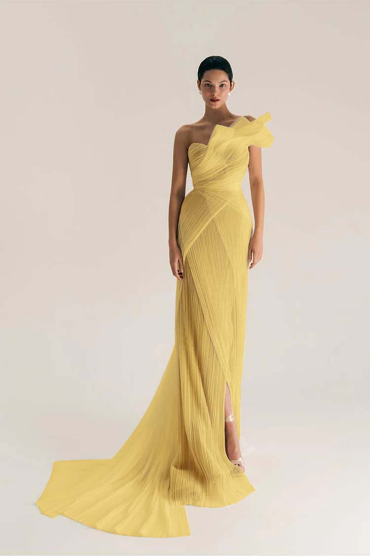 Chic One Shoulder Sleeveless Long Split Prom Dress With Pleated XJ0906