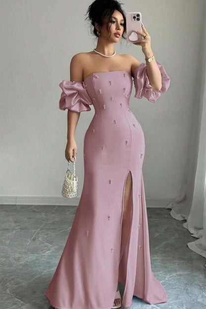 Chic Pink Strapless Bubble Sleeves Beaded Split Prom Dress with Pearl | Zelldresses