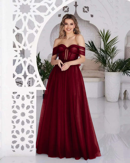 Hellodresses Tulle Off the Shoulder Sweetheart Sleeveless Royal Blue Prom Dress