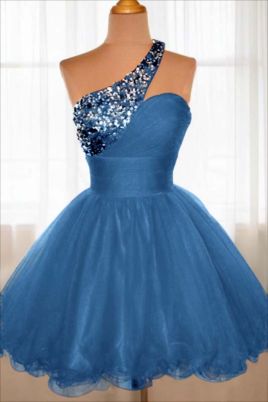 Red Tulle Sleeveless One Shoulder Ruffles Short Homecoming Dress with Sequins