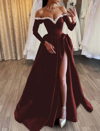 Black Prom Dress Long A Line Pleated High Slit YH0039