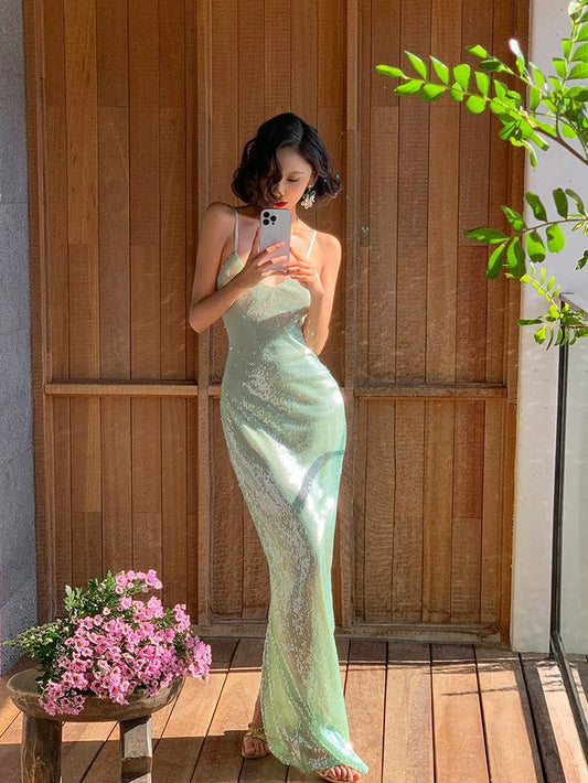 Shiny Sheath Spaghetti Strap Green Sequin Open Back Party Dress Evening Dress SH2877