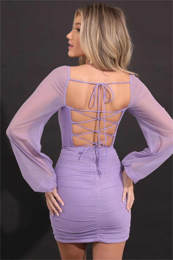 Simple Lilac Square Neck Long Sleeves Pleated Homecoming Dress With Split HC0032