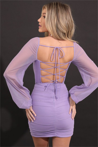 Simple Lilac Square Neck Long Sleeves Pleated Homecoming Dress With Split HC0032