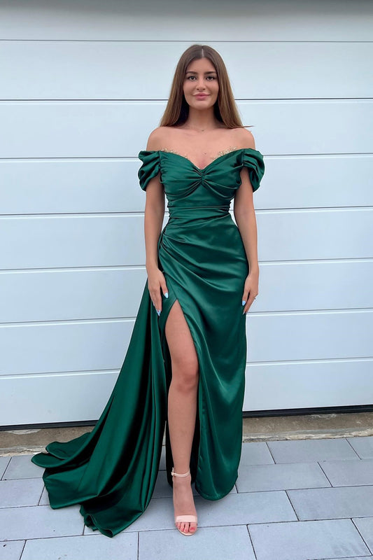 Dark Green Sweetheart Mermaid Front Split Prom Dress with Off-the-Shoulder Beadings ED0308