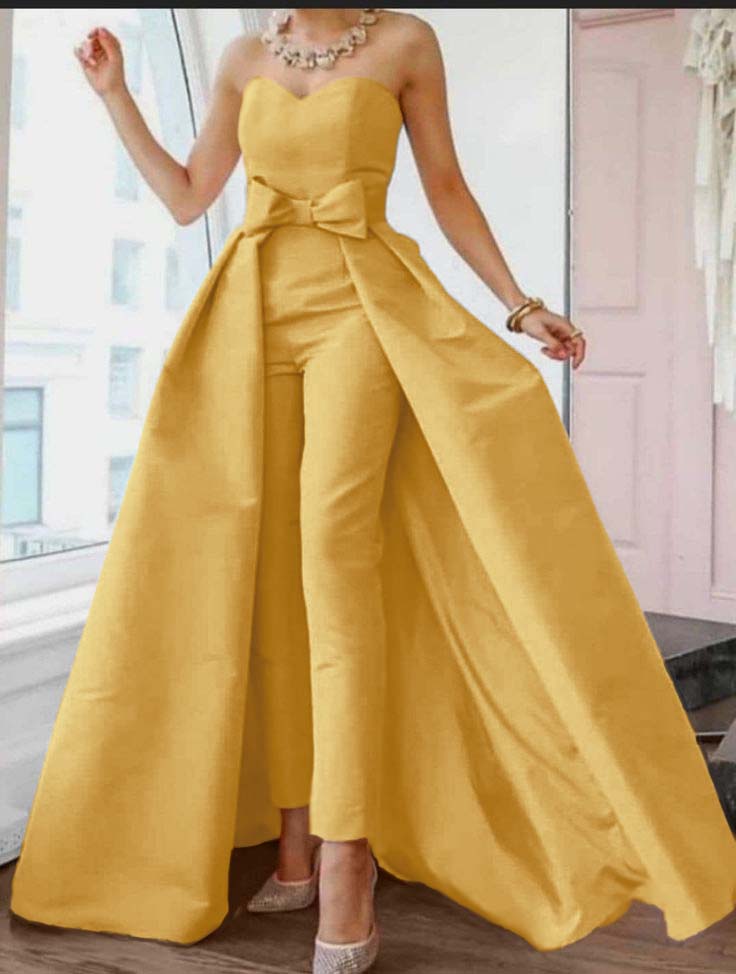 Okdais Pink Jumpsuits Evening Dresses Formal Occasion Dresses Back Sexy Engagement Sweetheart Sleeveless Detachable Bow JP0025