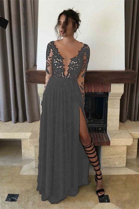 Black Long Sleeves Evening Dress Split PD0254