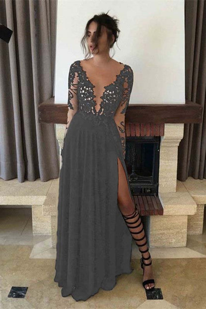 Black Long Sleeves Evening Dress Split PD0254