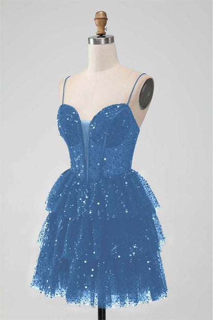 Black Sequins Spaghetti Strap Sleeveless Short Homecoming Dress With Ruffles HC0017