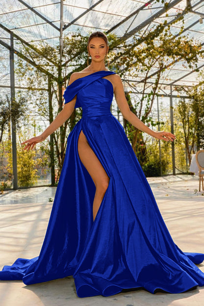 Green Prom Dress One Shoulder Satin With High Split YL0177