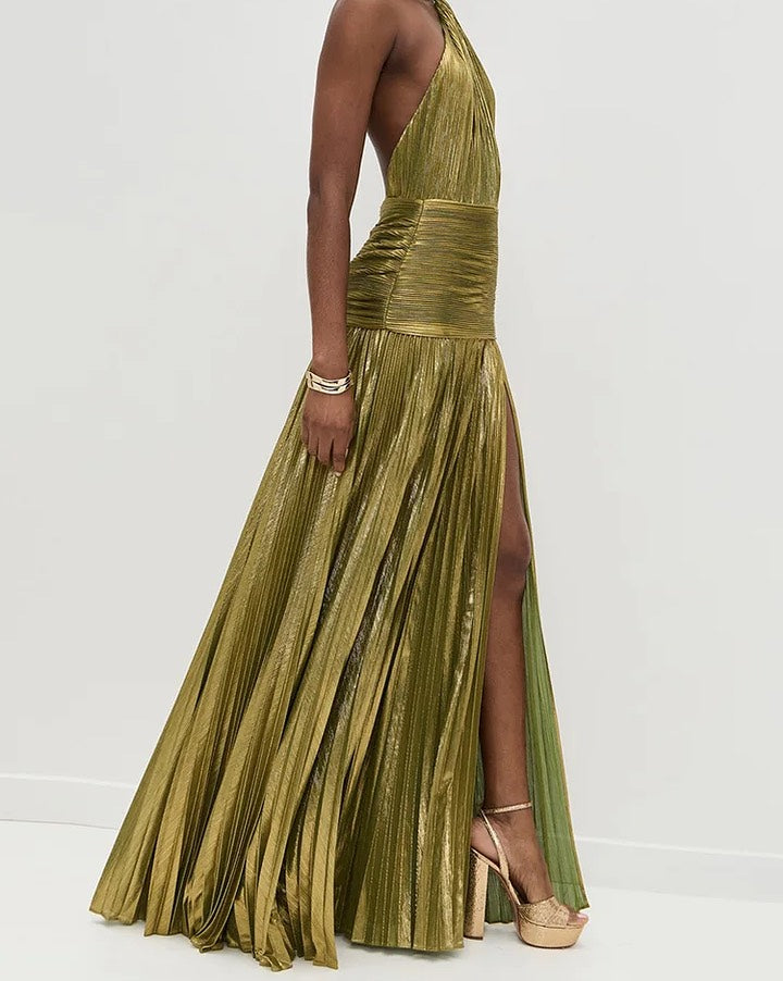 Charming Green Halter Sleeveless Backless Split Prom Dress with Pleated | Zelldresses