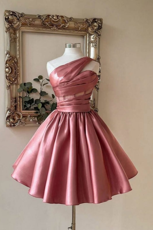 Playful Sweetheart One Shoulder Homecoming Dress Sleeveless Mini Pleated CY0197