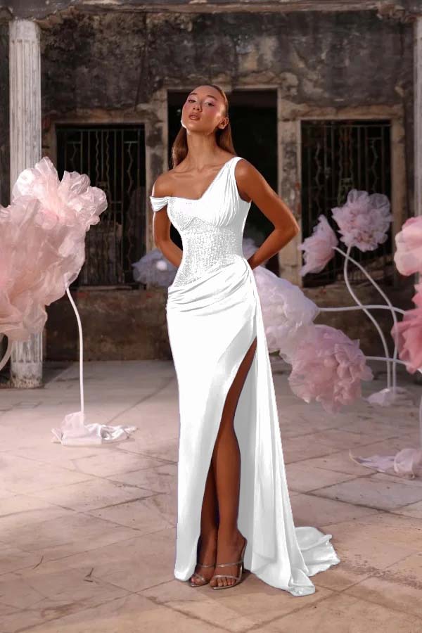 Sleeveless One Shoulder Long Split Prom Dress With Pleated Sequin JQ0247