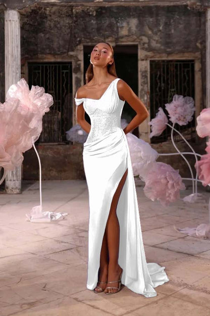 Sleeveless One Shoulder Long Split Prom Dress With Pleated Sequin JQ0247