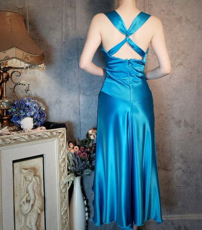 Elegant A Line Straps Blue Satin Party Dress Evening Dress SH2715