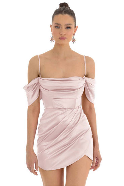 Hellodresses Simple Fuchsia Satin Spaghetti Strap Off the Shoulder Pleated Short Homecoming Dress