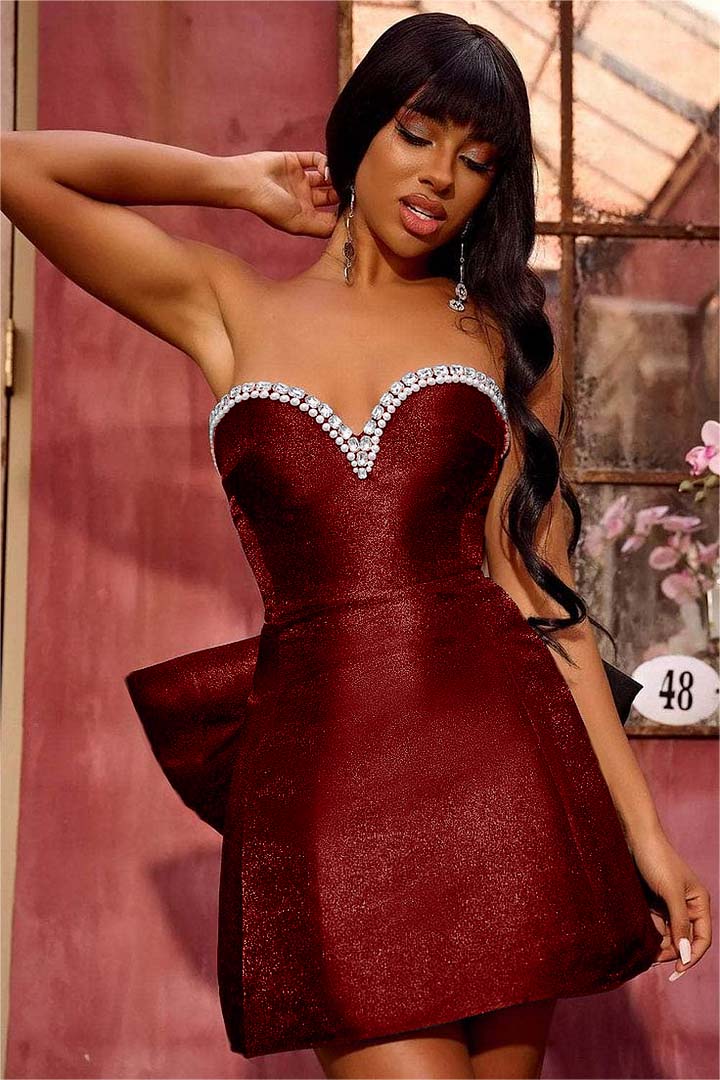 Hellodresses Black Strapless Sweetheart Sleeveless Short Homecoming Dress With Bowknot