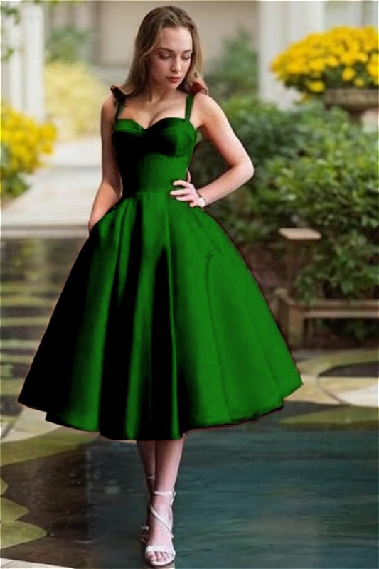 Red Satin Sweetheart Spaghetti Strap A Line Mid Homecoming Dress with Ruffles HC0037