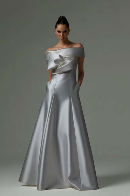 Off the Shoulder Sleeveless Long Prom Dress With Pleated Pocket ZT0773