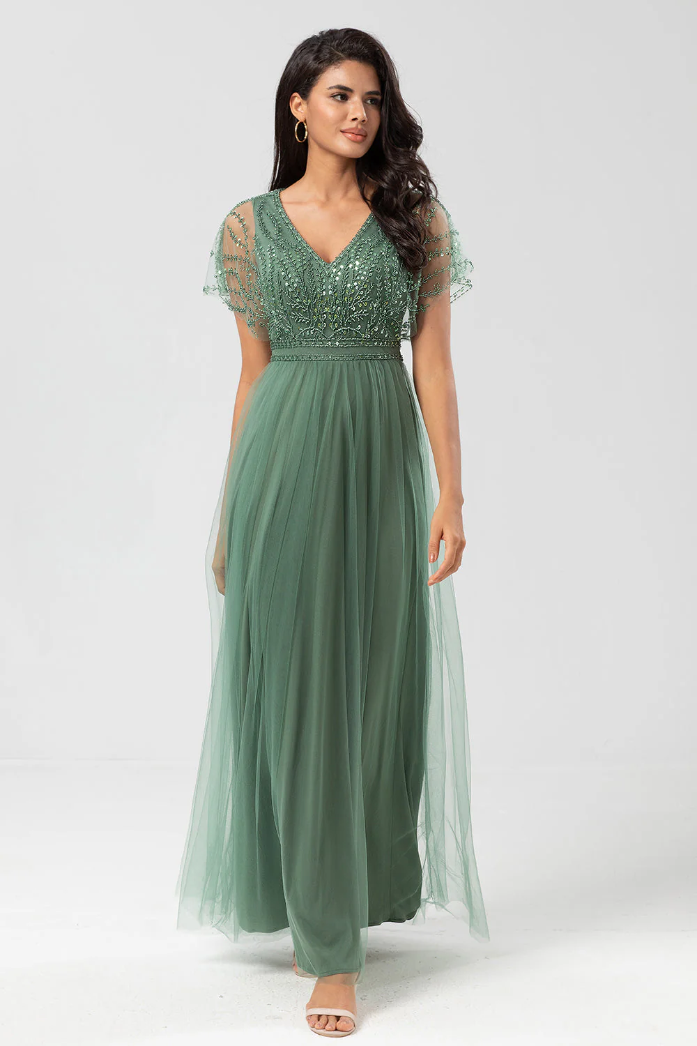 Green V Neck A Line Ankle Length Bridesmaid Dress with Lace YU0058