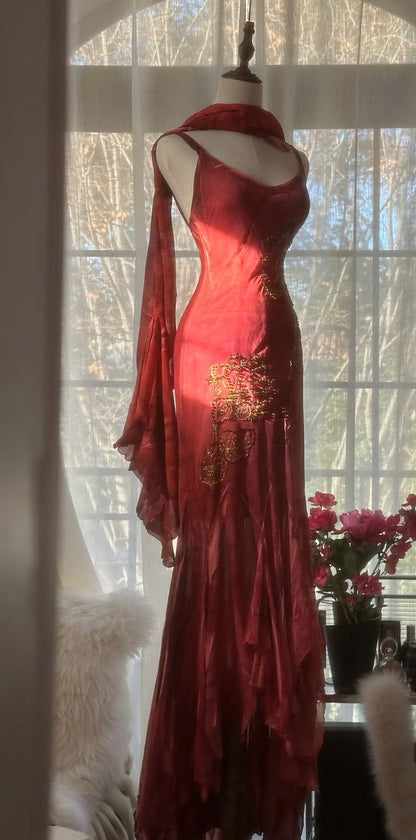 Sexy Mermaid Spaghetti Straps Ruffle Beaded Red Chiffon Evening Dress Party Dress SH2683