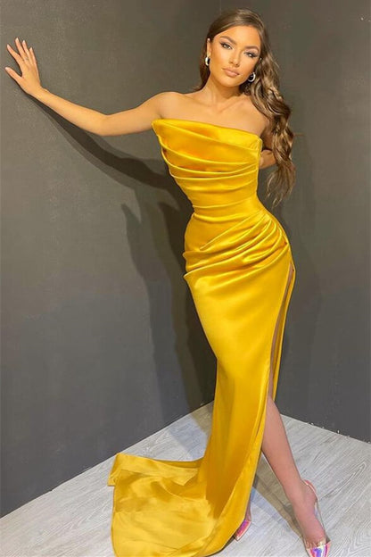 Elegant Yellow Sleeveless Mermaid Split Prom Dress with Strapless On Sale ED0341