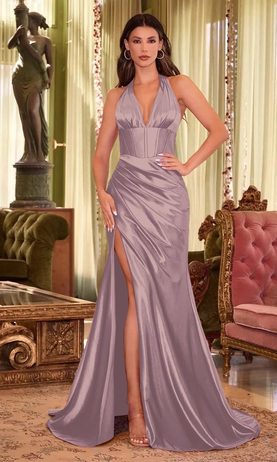 Halter Neck Sleeveless Long Mermaid Split Prom Dress With Pleated LY0640