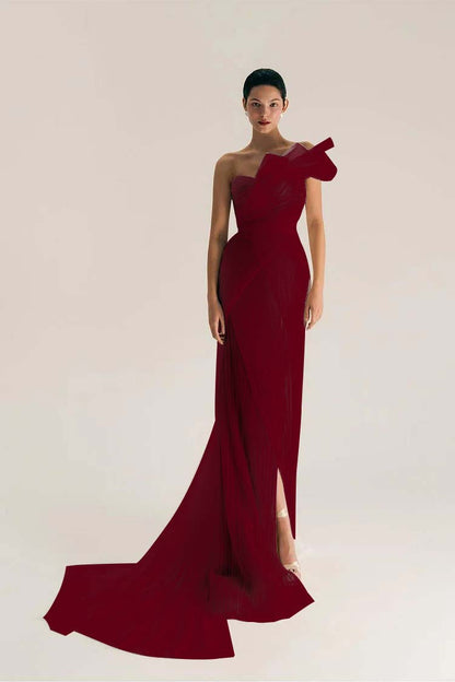 Chic One Shoulder Sleeveless Long Split Prom Dress With Pleated XJ0906