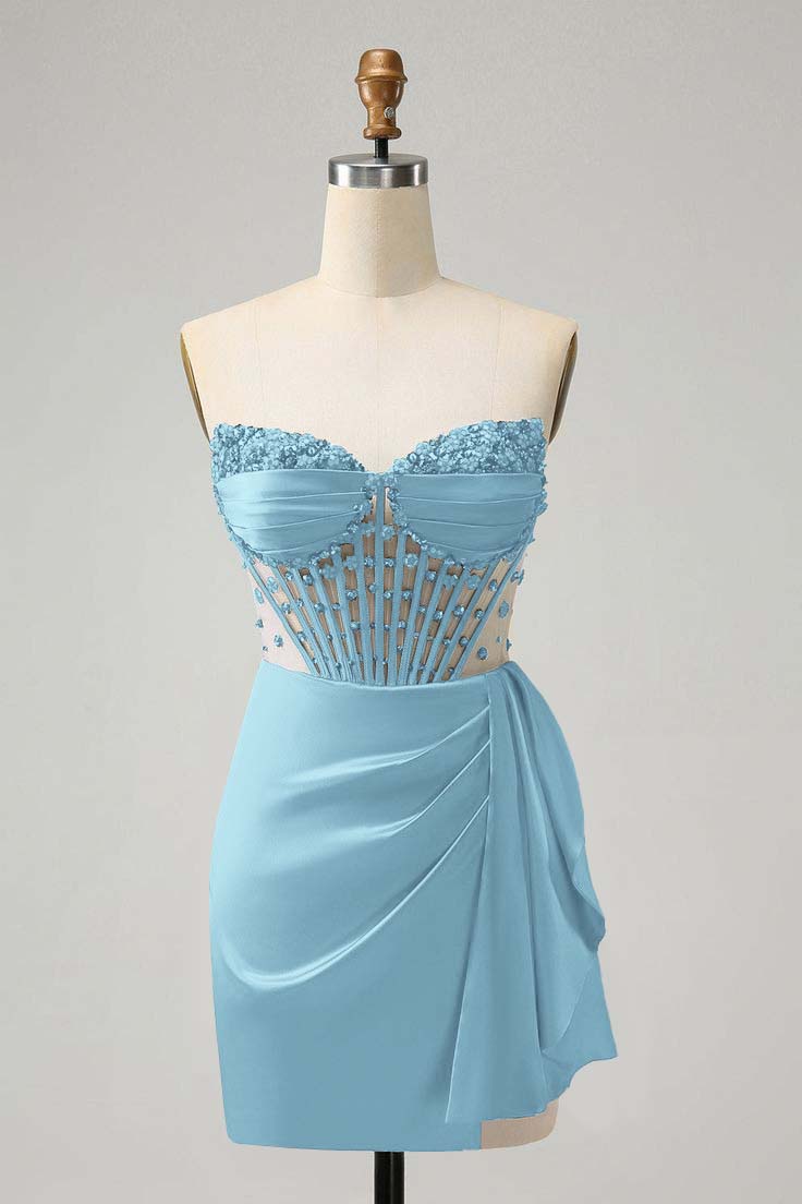 Strapless Sleeveless Pleated Short Homecoming Dress With Beading HC0131