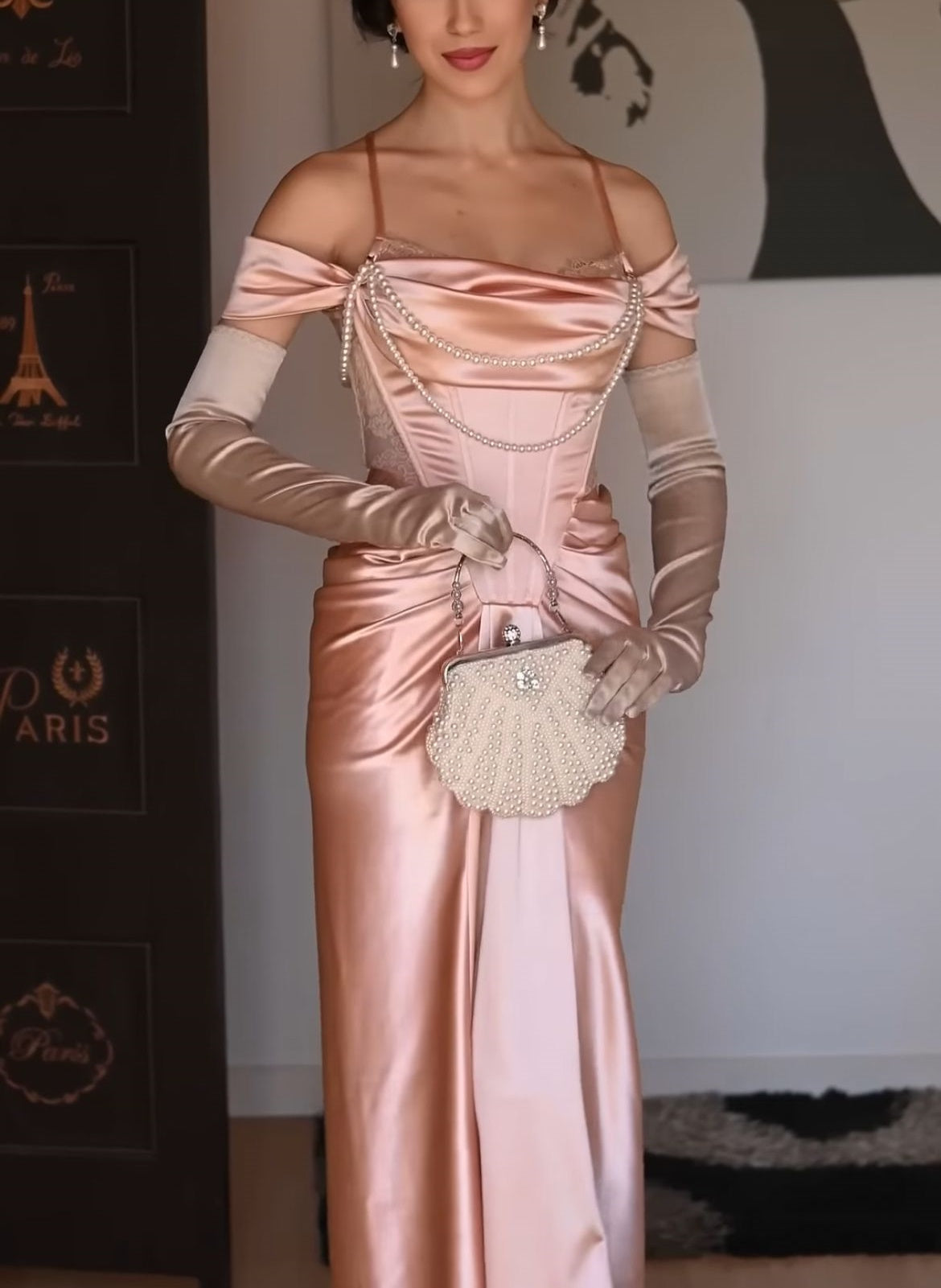 Pink vintage pearl beading long satin formal Prom dress evening dress party dress bridesmaid dresses gh4899