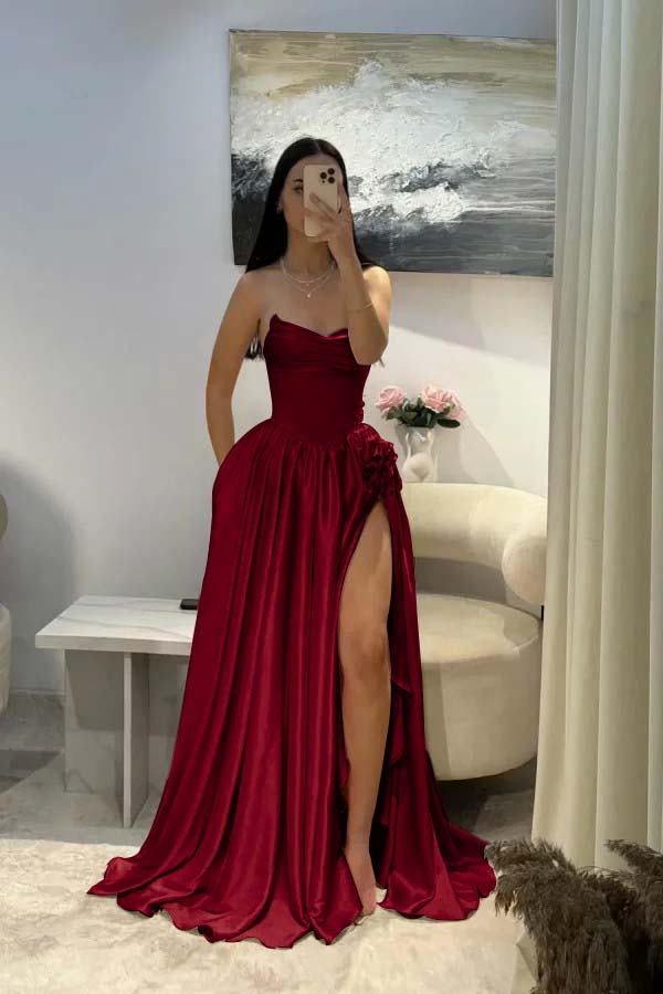 Elegant Pink Satin Strapless Beaded Sleeveless Pleated Split Prom Dress | Zelldresses