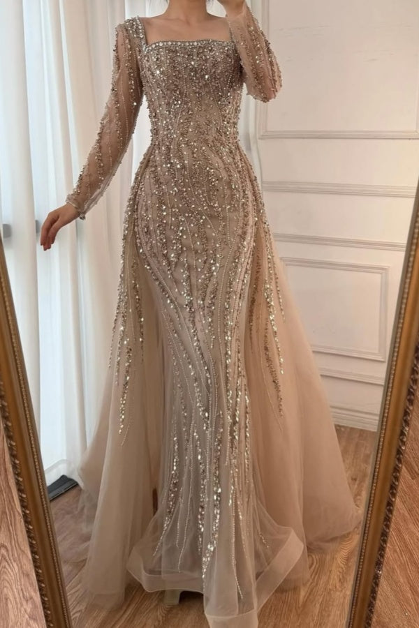 Square Neck Long Sleeves Long Mermaid Prom Dress With Beading Tulle WQ0442