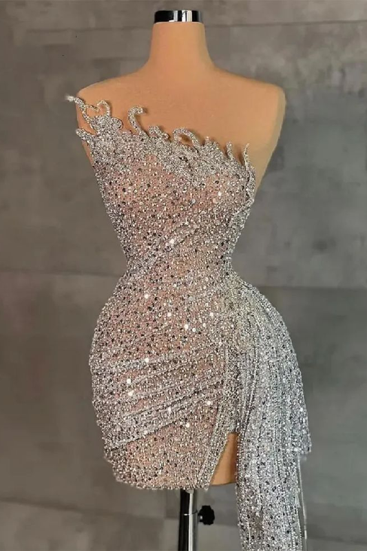 Amazing Silver Sequins Sleeveless Strapless Short Homecoming Dress with Beadings