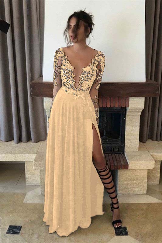 Black Long Sleeves Evening Dress Split PD0254