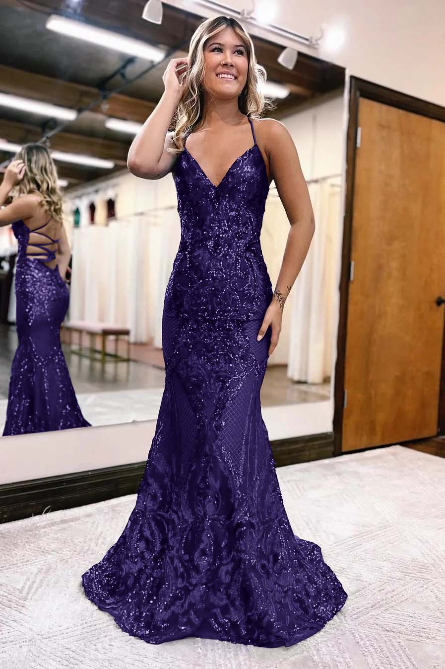 Blue Prom Dress Sequins With Spaghetti Strap Mermaid | Zelldresses