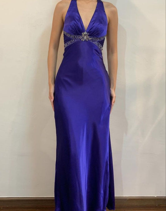 zelldressess--Dark exquisite beaded halter fashionable long satin floor-length ball gown graduation dress gh5518
