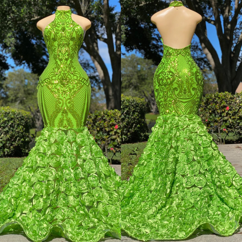 Green Prom Dress Halter Open Back Mermaid Sleeveless Dress With Flower Appliques YL0110